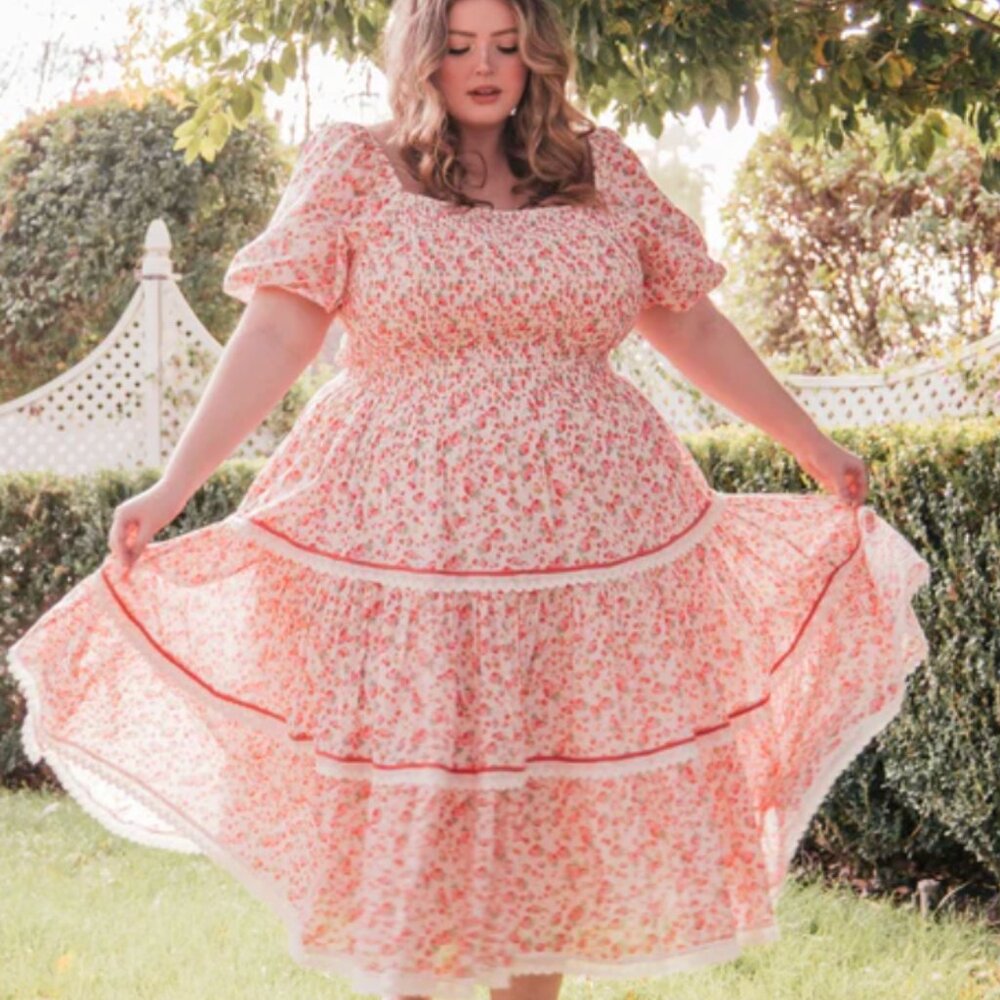 Jessakae Strawberry Midi Dress Plus Size 4X Smocked Square Neck Tiered Flowy